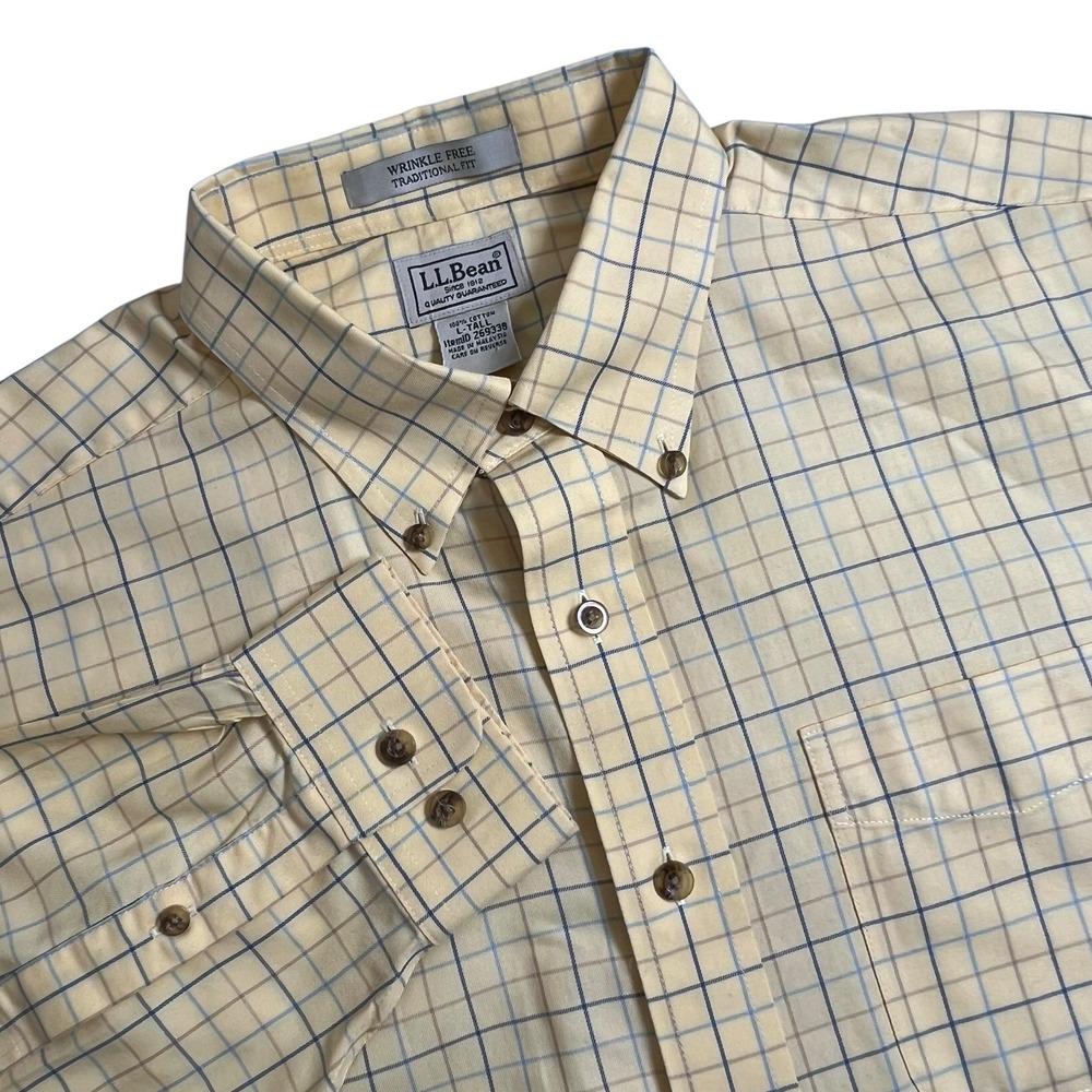 L.L. Bean Mens Large Tall‎ Yellow Check Long Sleeve Button Down Shirt